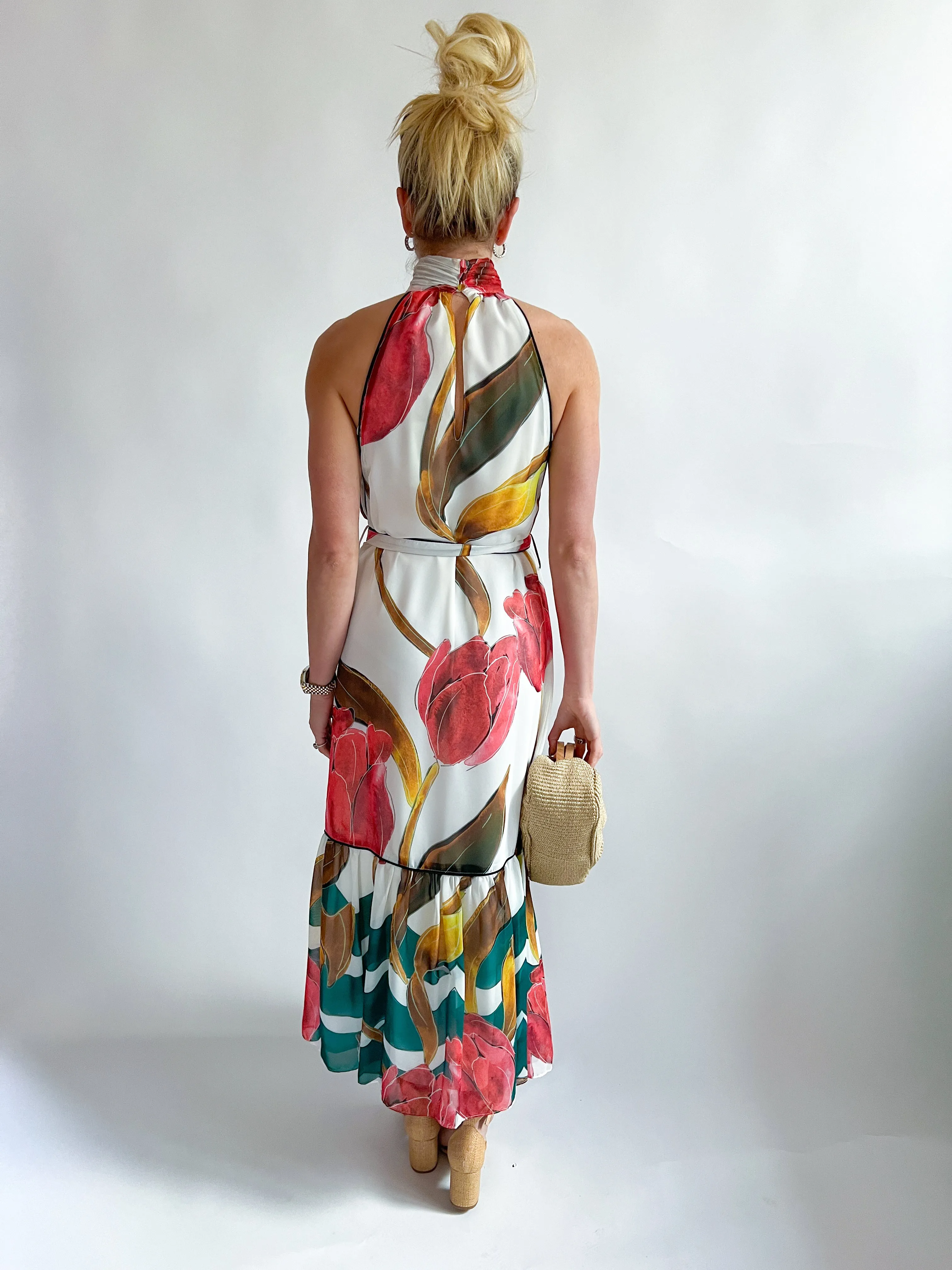 Maisy Neck Tie Printed Tiered Maxi Dress