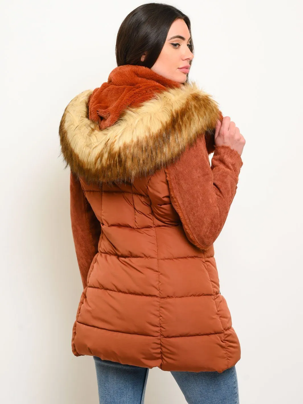 WOMEN'S LONG HOODED FAUX FUR-LINED SUEDE QUILTED COAT